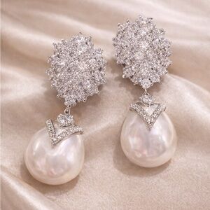 Diamond Cluster Drop Earrings with Baroque Pearls